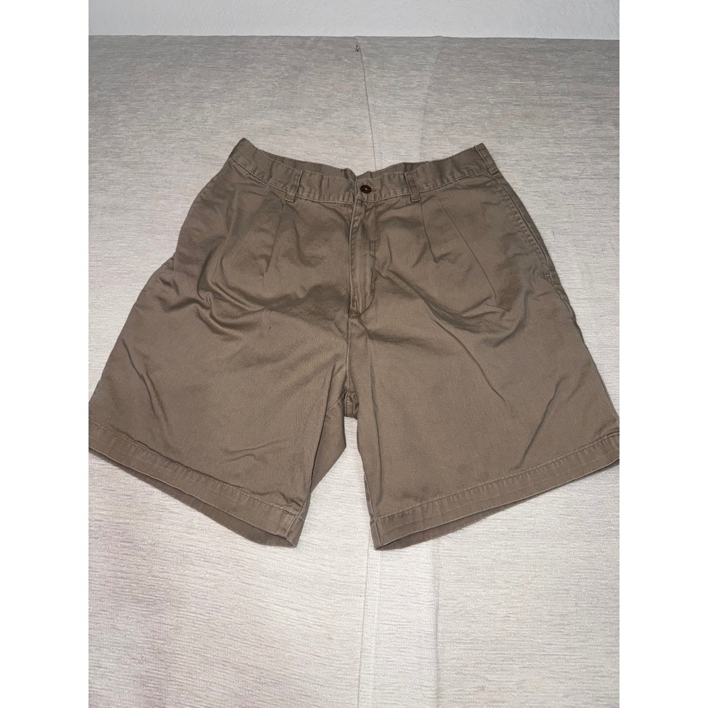 Chaps Ralph Lauren Mens Khaki Pleated Chino Shorts Brown Cotton Twill 7.5 Inseam